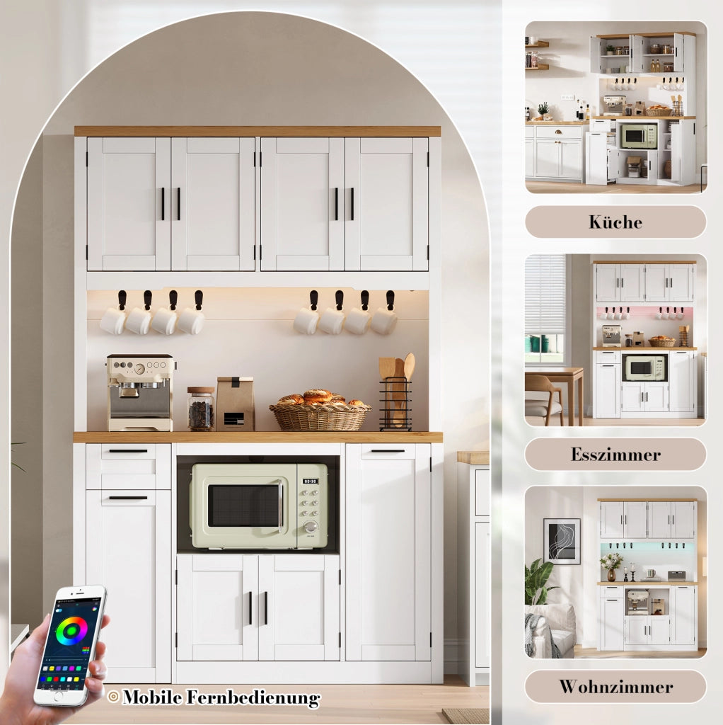 Mobile dispensa da cucina bianco e naturale con LED, prese e ripiani regolabili