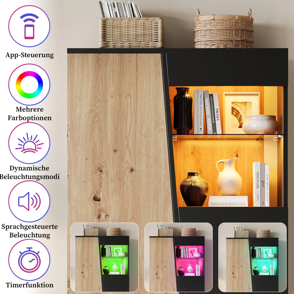 Vetrina a 2 ante con LED Bluetooth, 80 × 35 × 139,5 cm, nero e legno