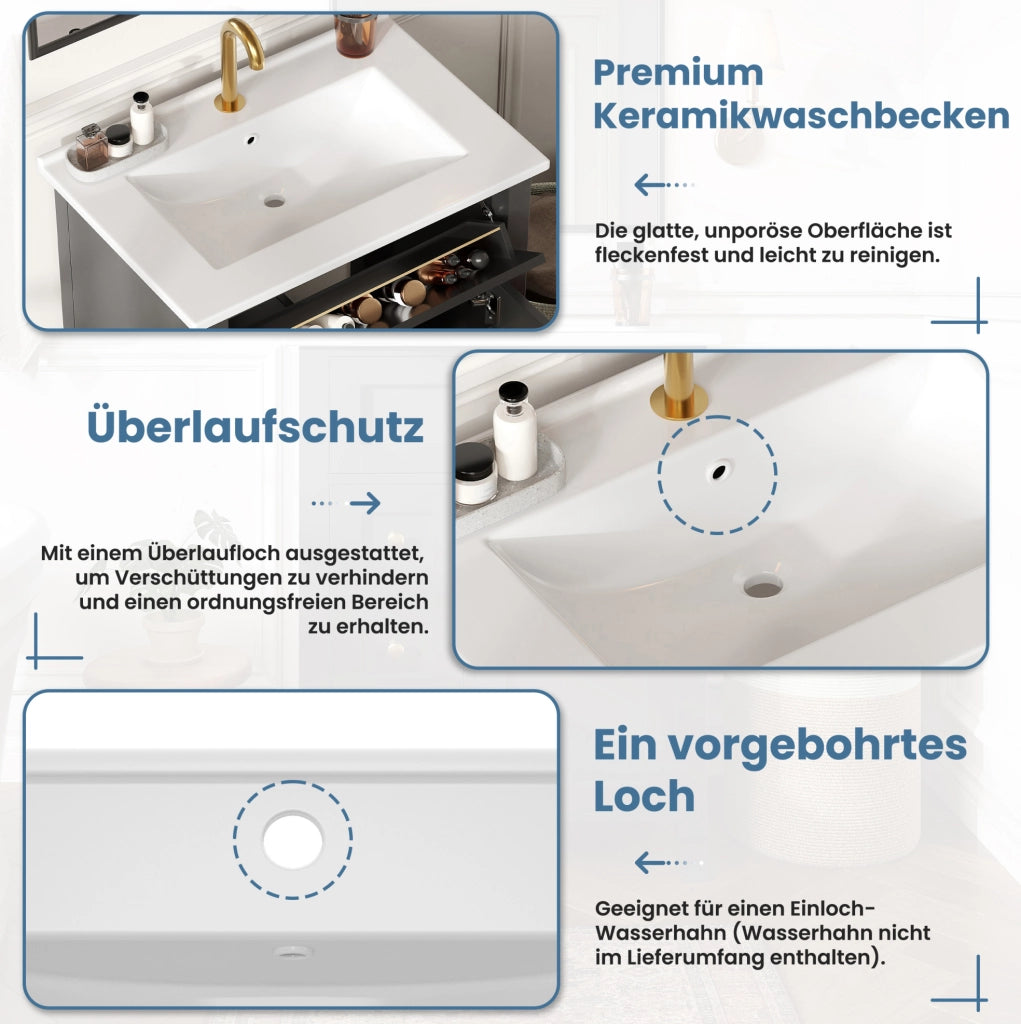 Mobile bagno da terra 61 cm nero lucido con lavabo in ceramica e cassetti