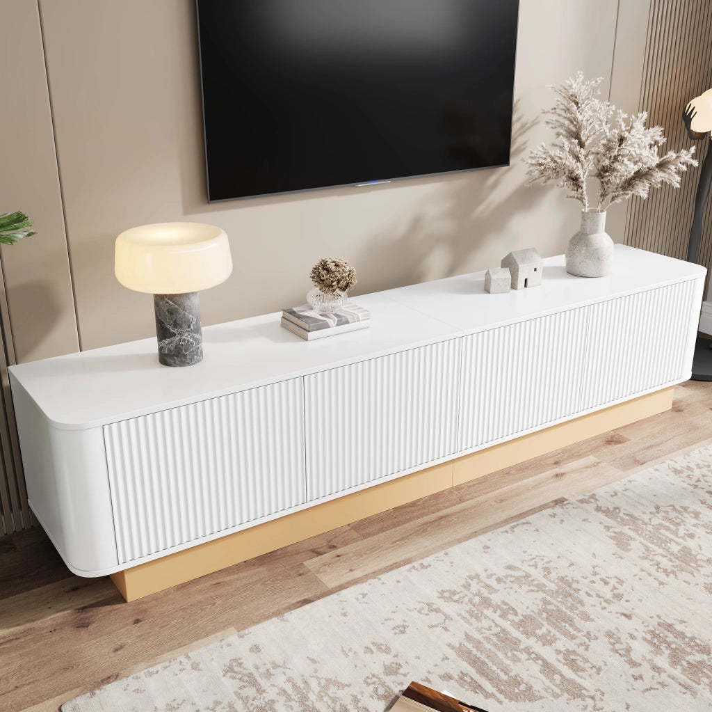 Mobile TV 200 cm Bianco in MDF con 4 Ante, Ripiani Regolabili e Angoli Arrotondati