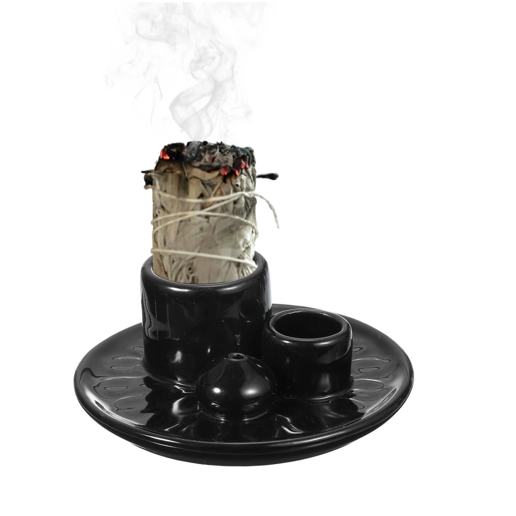 Portaincenso 4-in-1 in ceramica, posacenere e portacandele, ciotola decorativa per meditazione, aromaterapia, yoga, nero