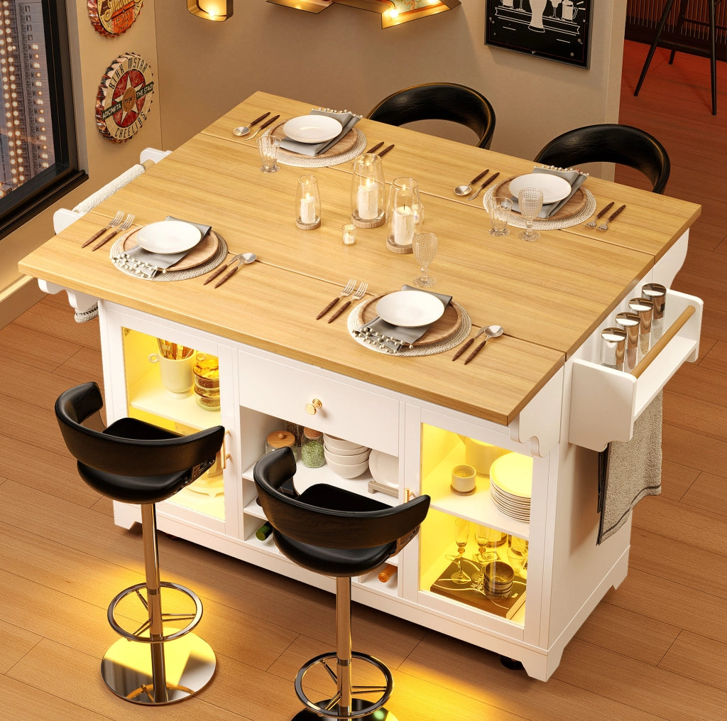 Carrello da cucina bianco con piano pieghevole e LED RGB