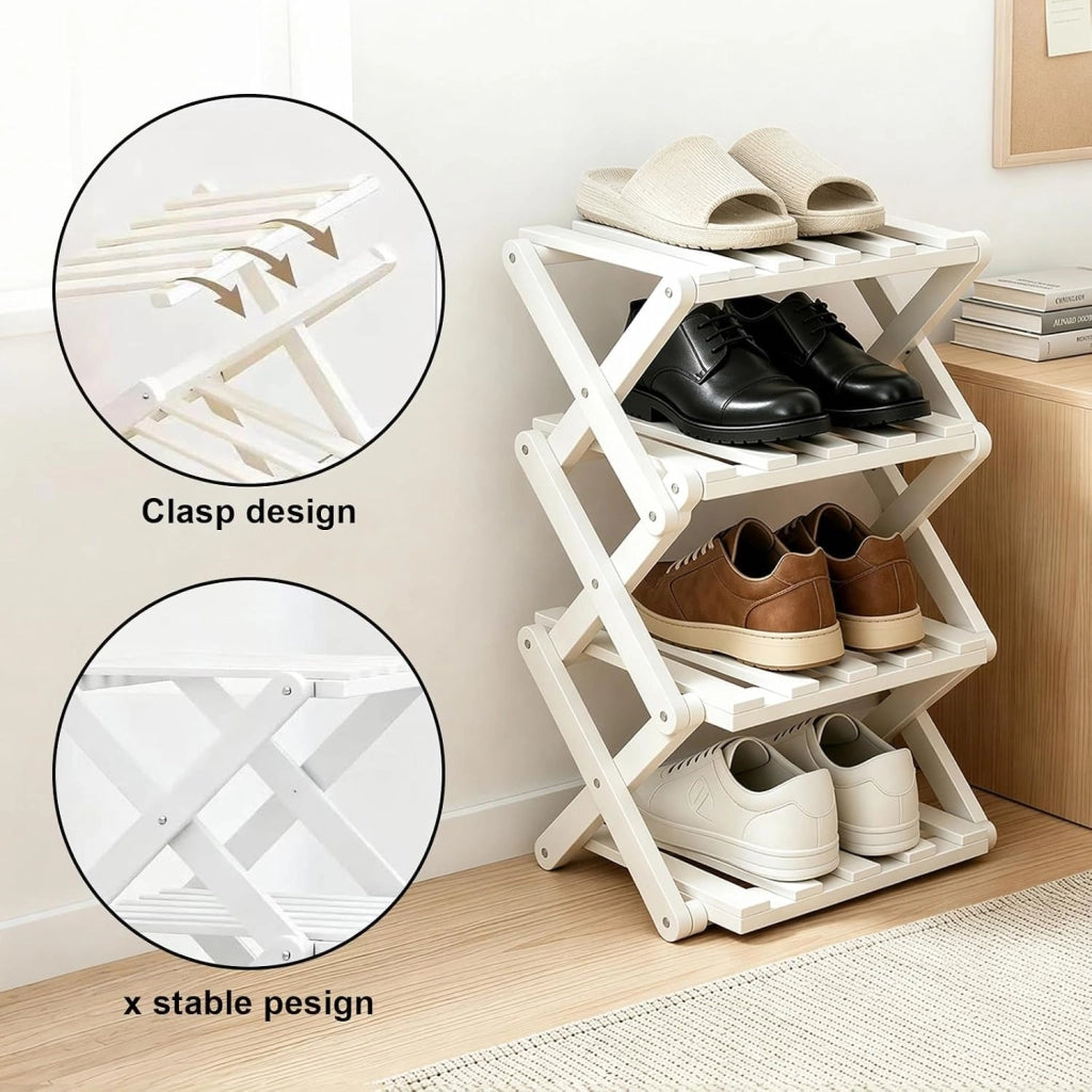 Scaffale per scarpe, 4 ripiani, in bambù, pieghevole, 27x26x39 cm, bianco