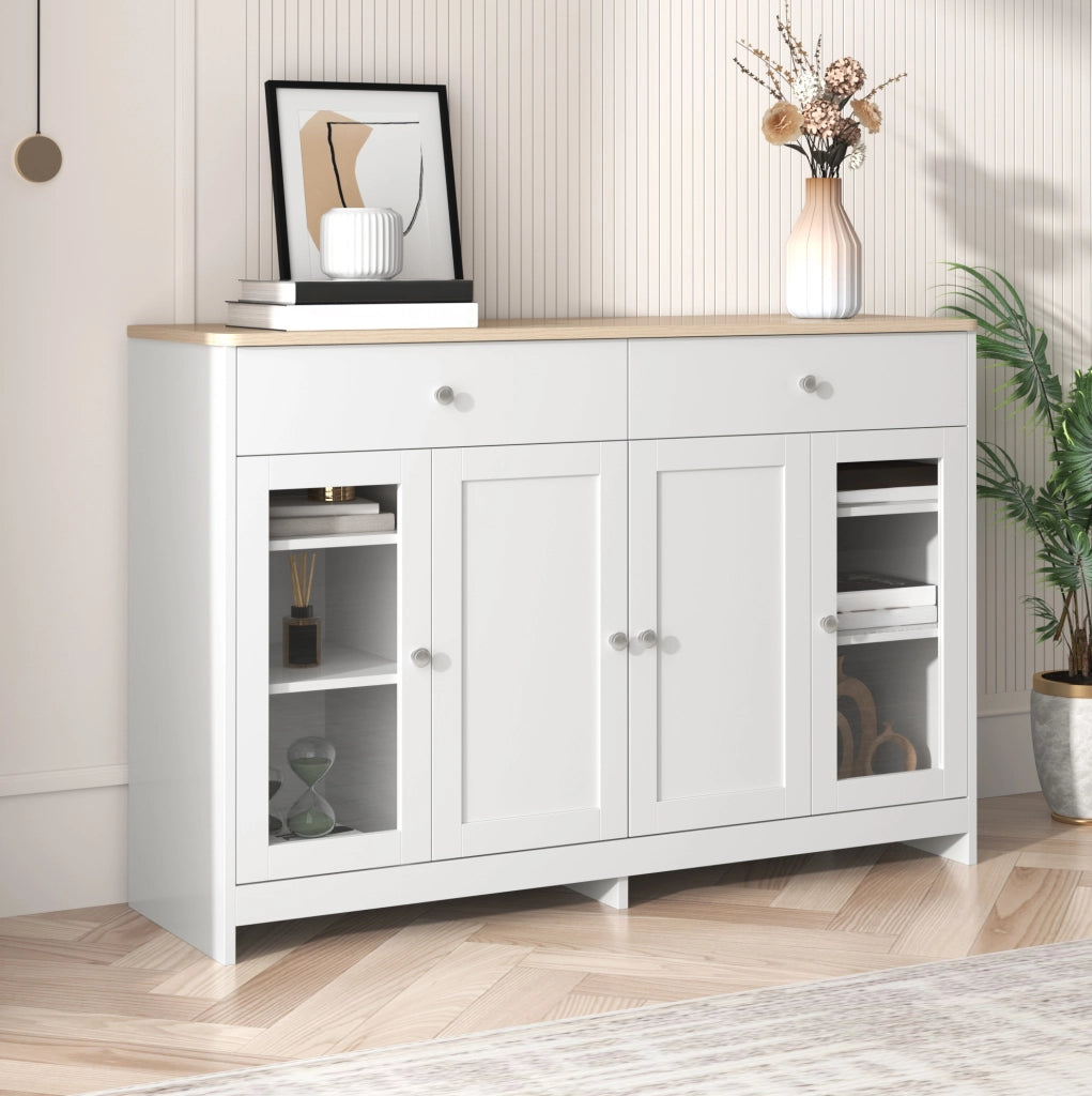 Credenza buffet bianca e color legno 120 cm, 4 ante e 2 cassetti