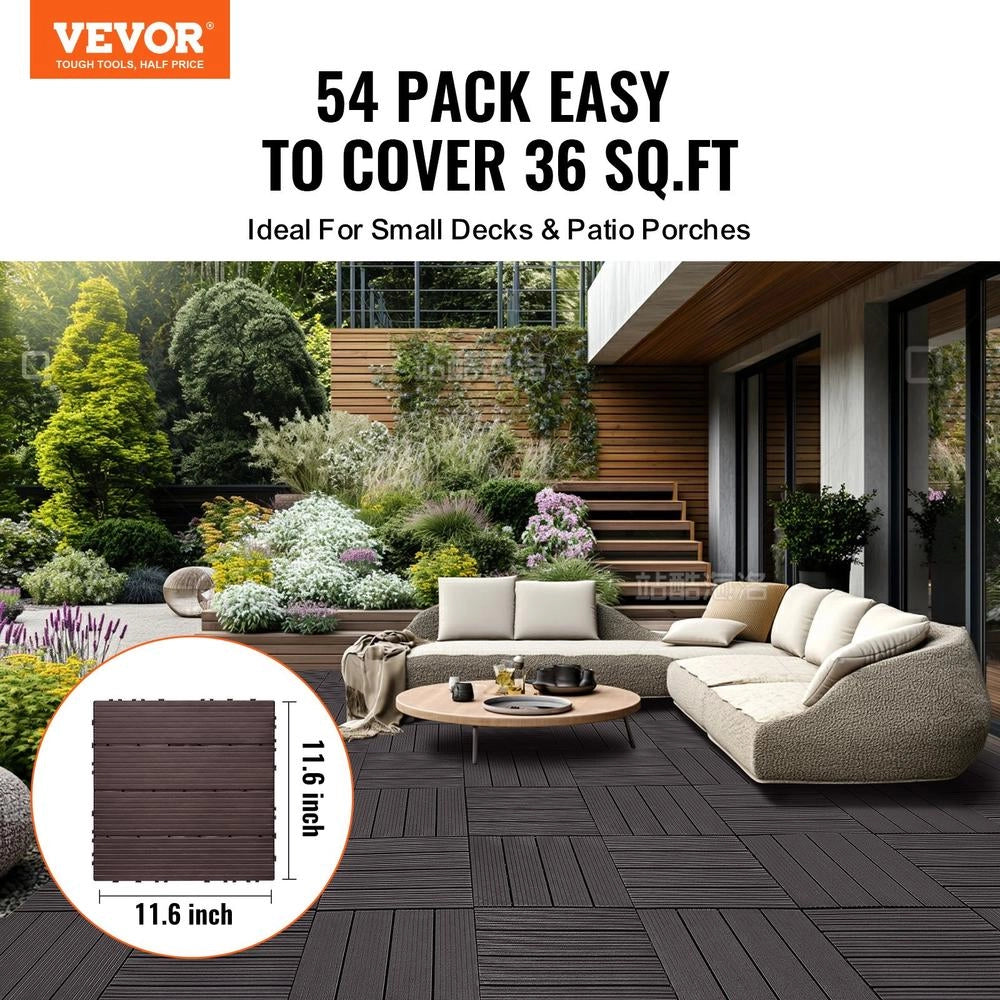 Piastrelle da Esterno ad Incastro 54 Pezzi in Plastica PP 300 x 300 x 20 mm Pavimento Drenante per Patio Giardino Balcone Marrone Scuro