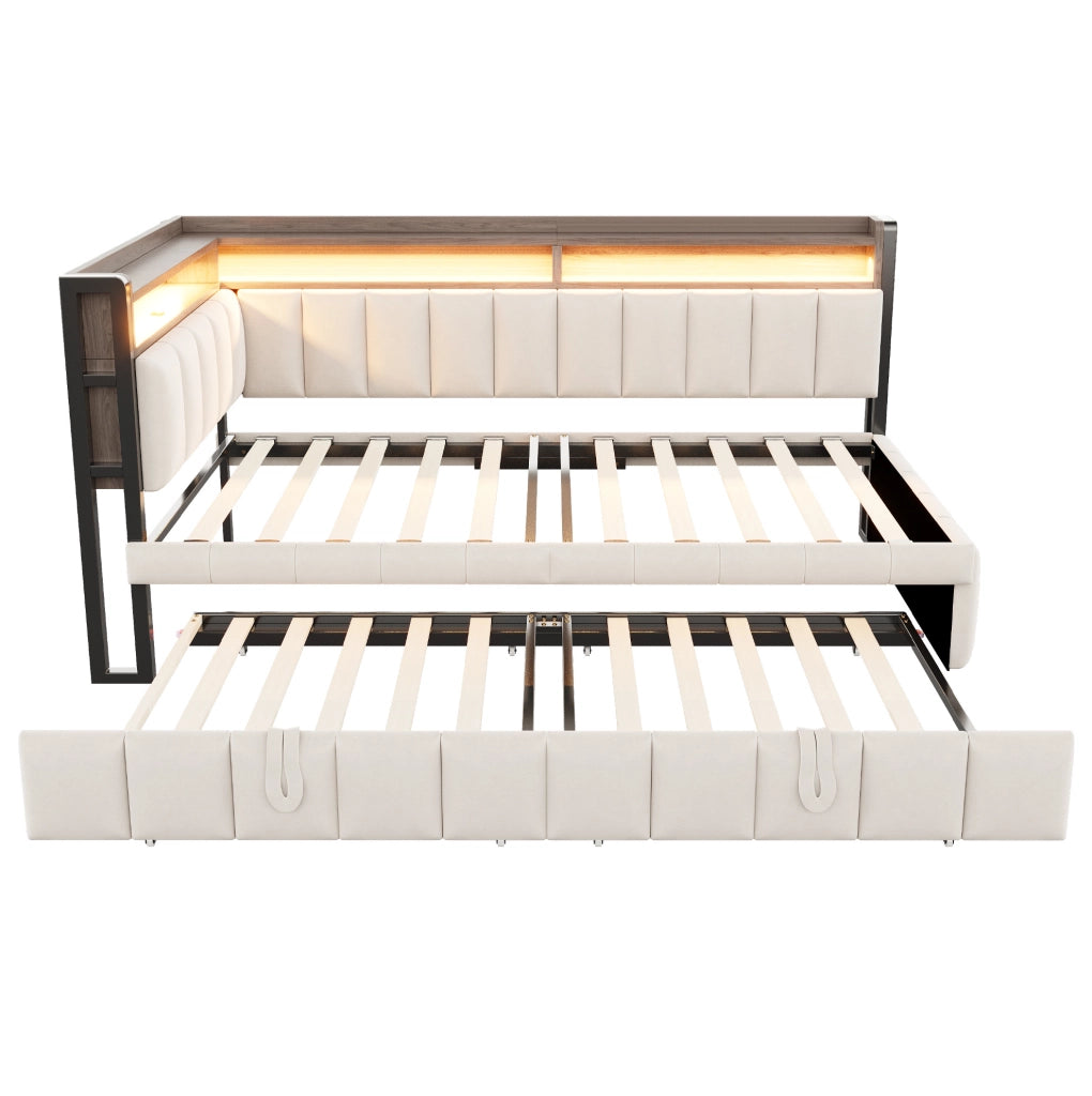 Divano letto estraibile 90x200 beige con LED, USB e Type-C