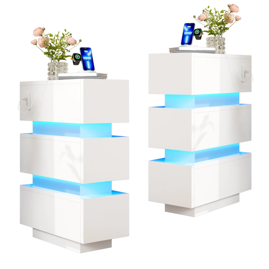 Set di 2 comodini stretti bianchi con LED, USB-C e 3 cassetti, 20x40x59,5 cm