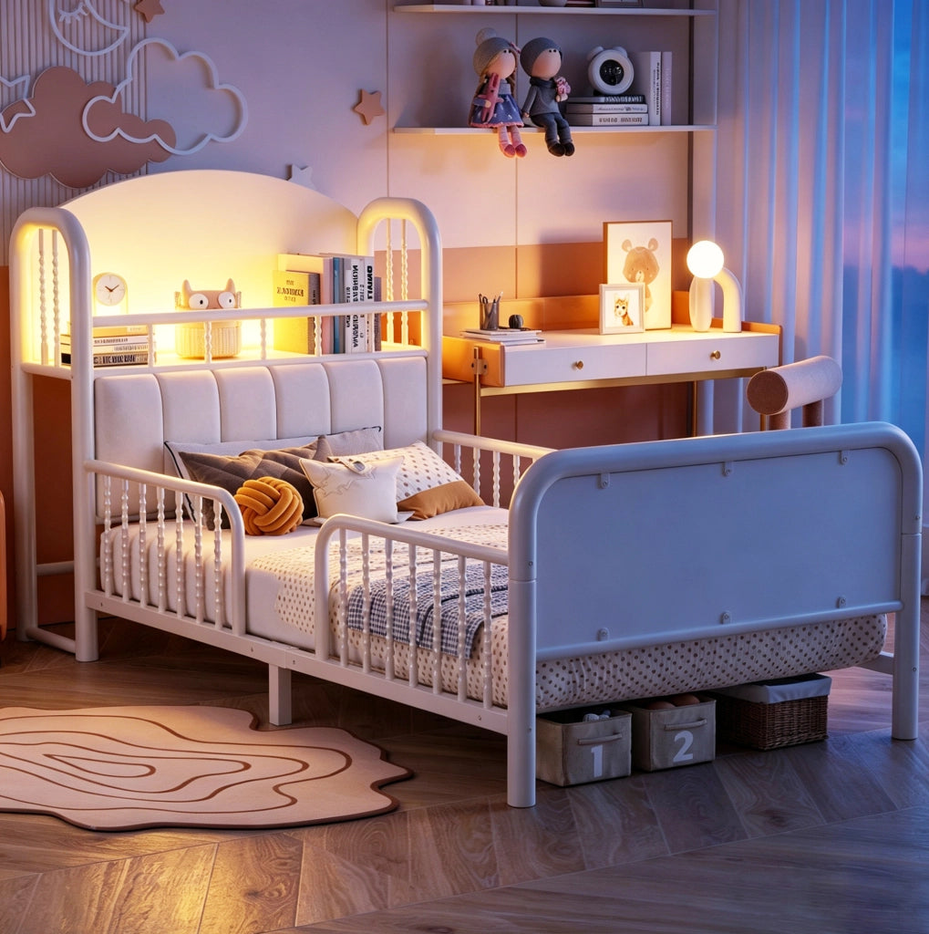 Letto singolo bambini 90x200 cm con LED e sponde, bianco