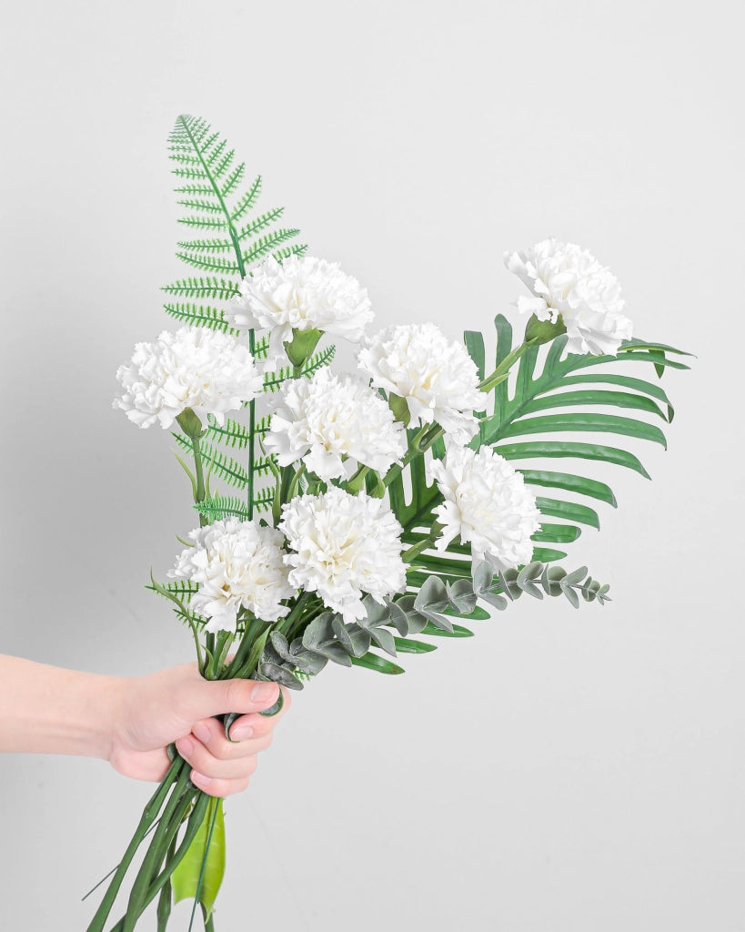 6 garofani artificiali, fiori artificiali, steli da 47 cm, colore bianco