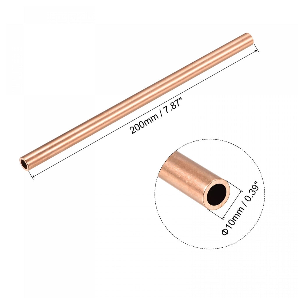 Tubo di rame, sezione circolare, diametro 10 mm, spessore 1,5 mm, lunghezza 200 mm
