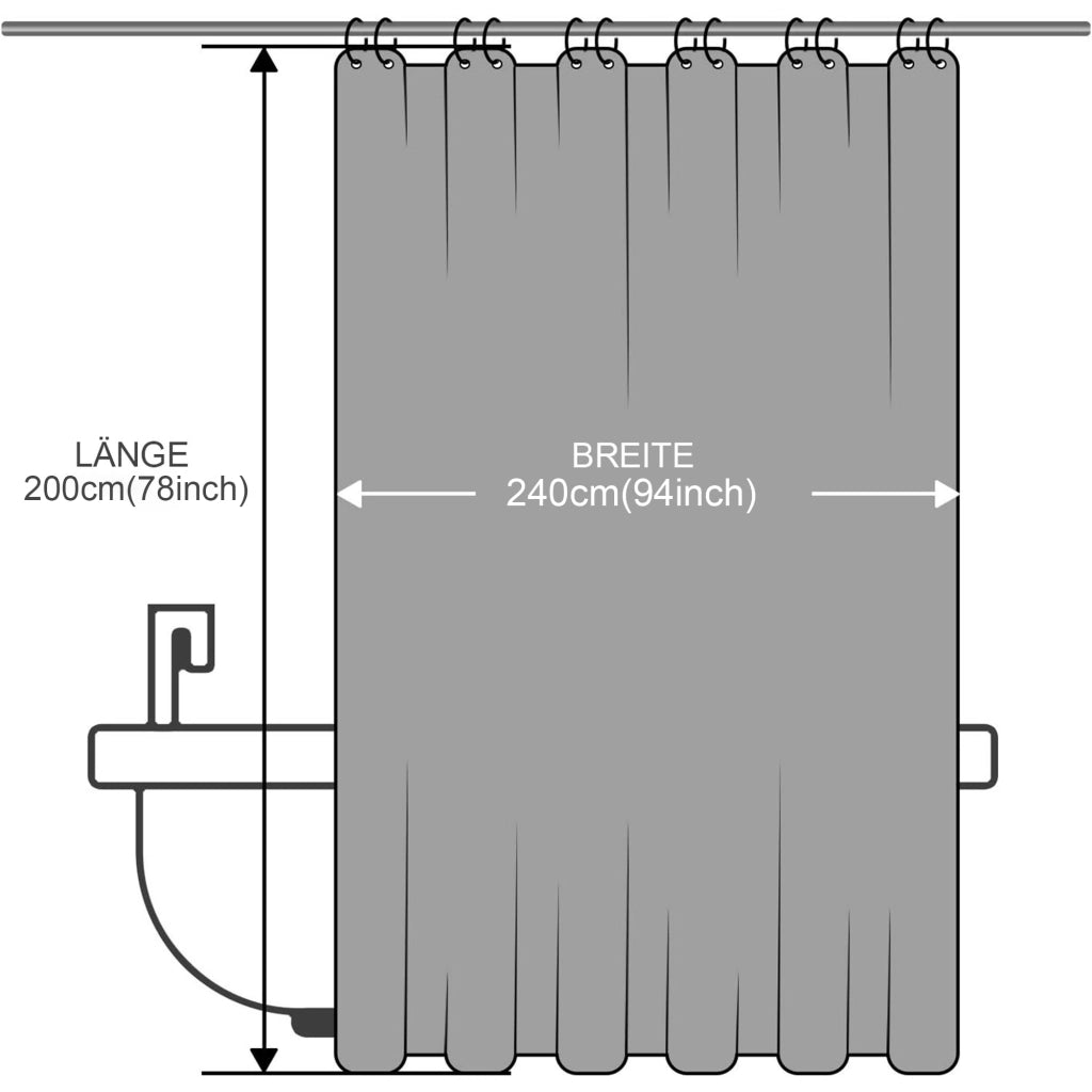 Tenda da doccia nera 200 x 240 cm in poliestere con ganci