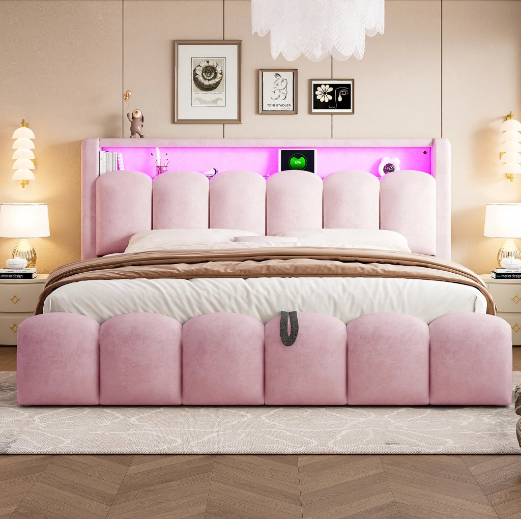 Letto imbottito rosa 180 x 200 cm con contenitore e luci integrate