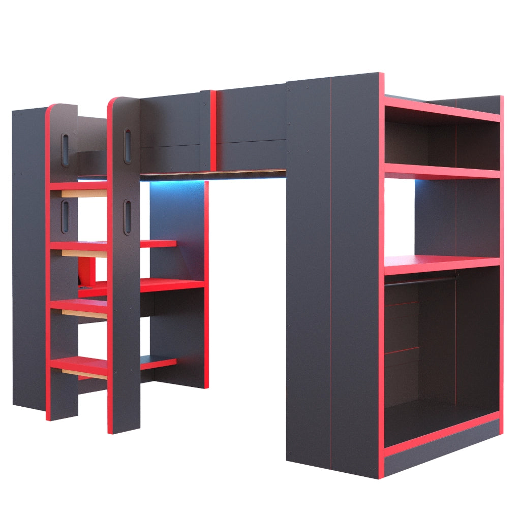 Letto a soppalco 90x200 cm con scrivania, LED e prese in pino, compensato e MDF nero e rosso