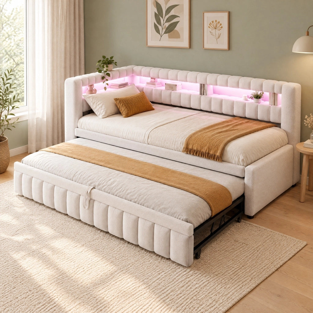 Divano letto estraibile 90x200 cm beige con LED, USB-C e 2 materassi