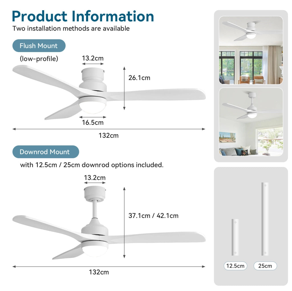 Ventilatore da soffitto bianco con luce LED; motore DC silenzioso e telecomando