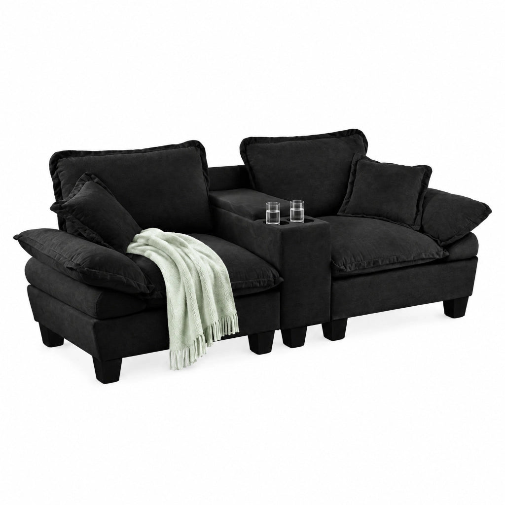 DIVANO Modulare 224x82x90 cm in Chenille Nero con USB e portabicchieri