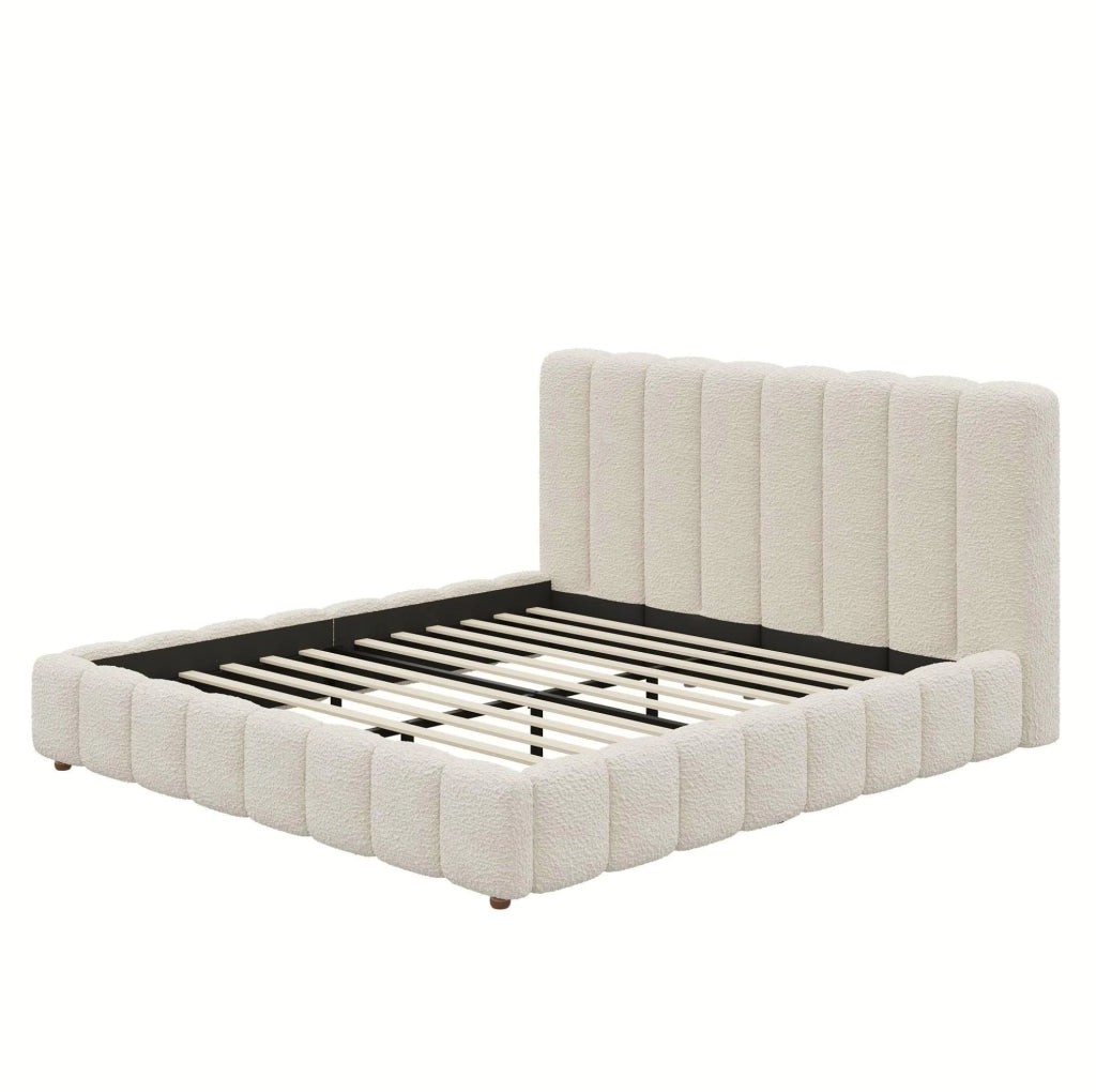 Letto matrimoniale imbottito 160x200 cm in bouclé bianco con rete a doghe