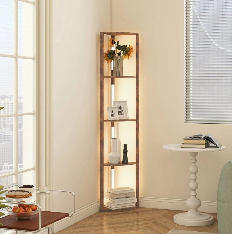 Lampada da terra LED dimmerabile con scaffale a 5 ripiani, marrone rustico