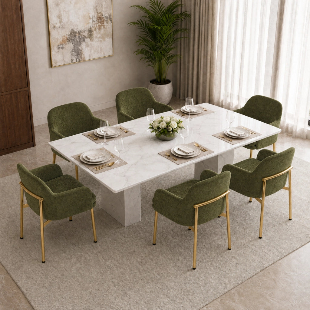 Set di 6 sedie da pranzo con braccioli rivestite in poliestere verde e oro con piedini regolabili portata 125 kg