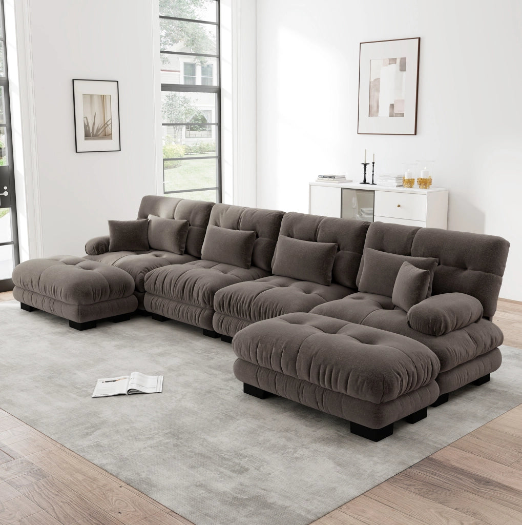 DIVANO Modulare in chenille marrone con pouf mobili