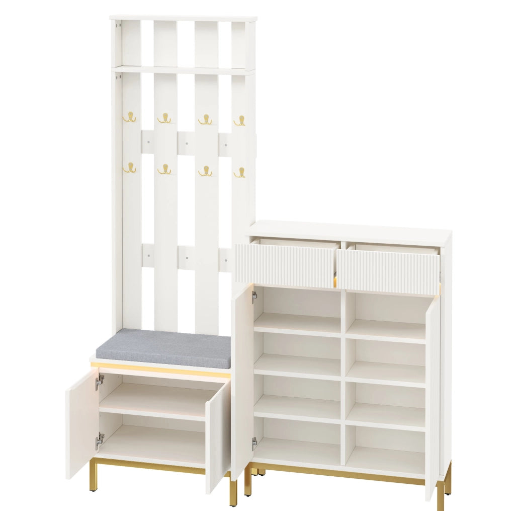 Mobile da ingresso bianco con scarpiera, panca, ganci e luci integrate