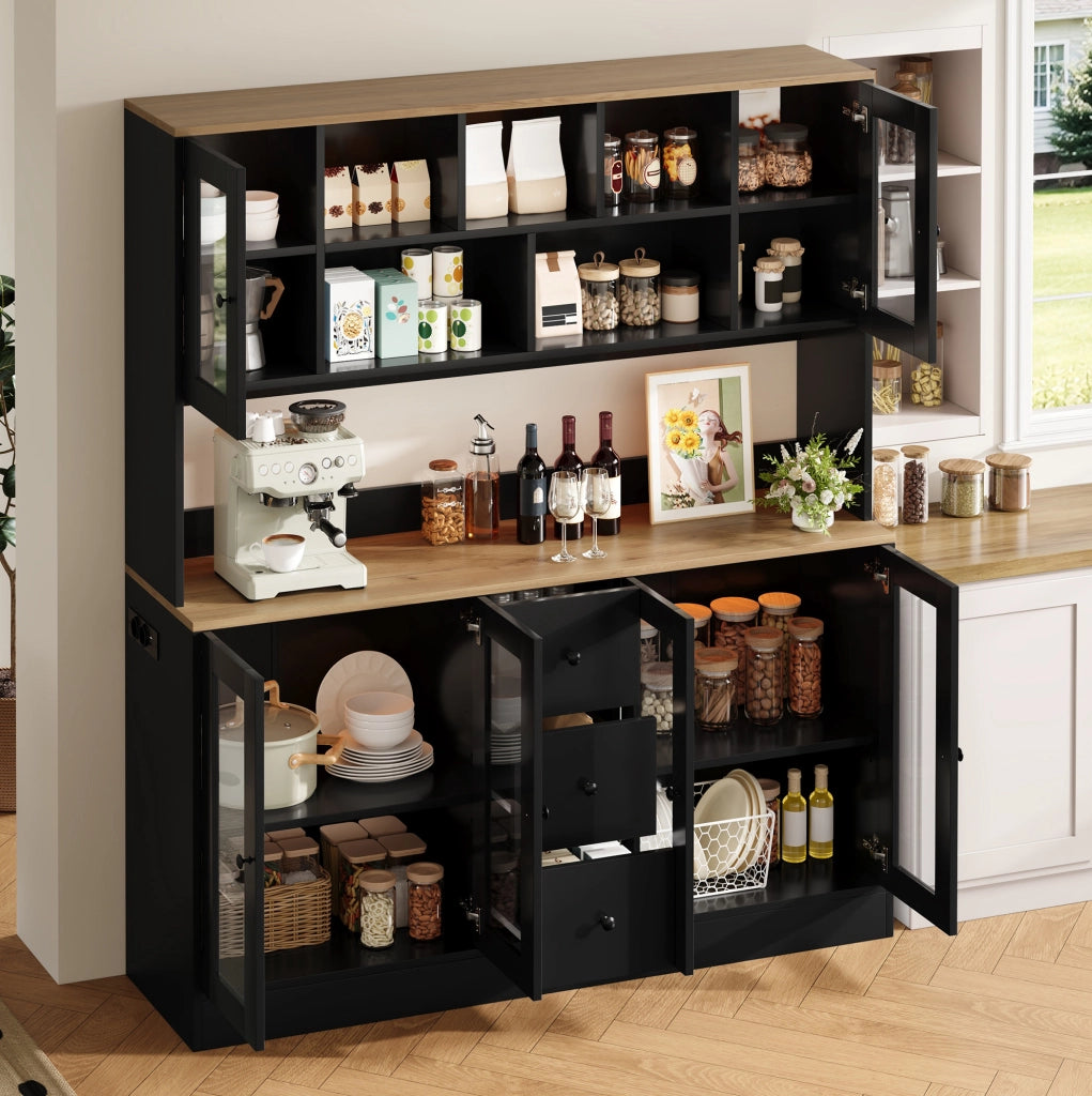 Mobile dispensa da cucina nero e naturale con LED e prese, 150 cm