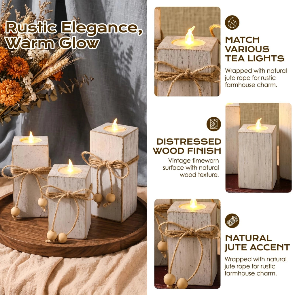 Candele portacandele in legno, set da 3, colore bianco, stile rustico