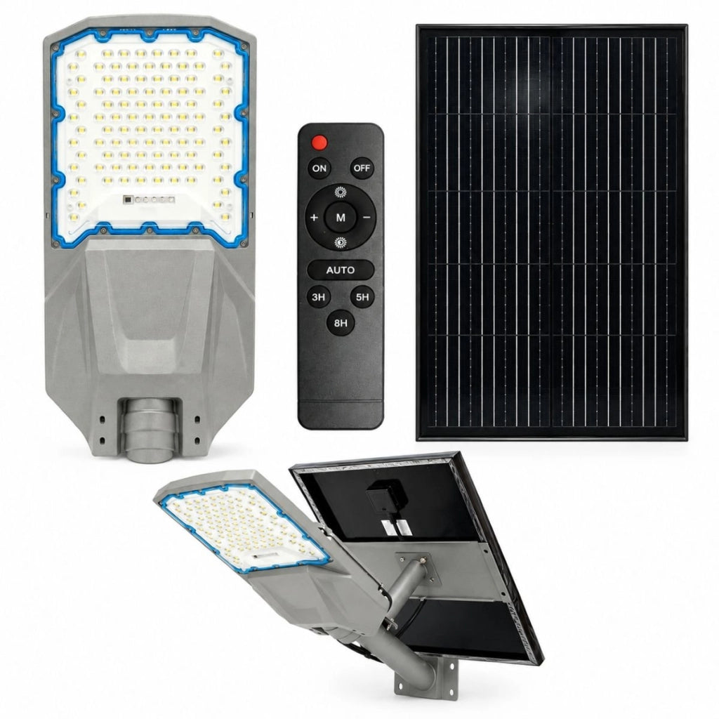 Lampione stradale solare a LED da 500 W con pannello solare da 50 W, batteria LiFePO4 da 55.000 mAh, telecomando e staffa di montaggio. Breckner Germany
