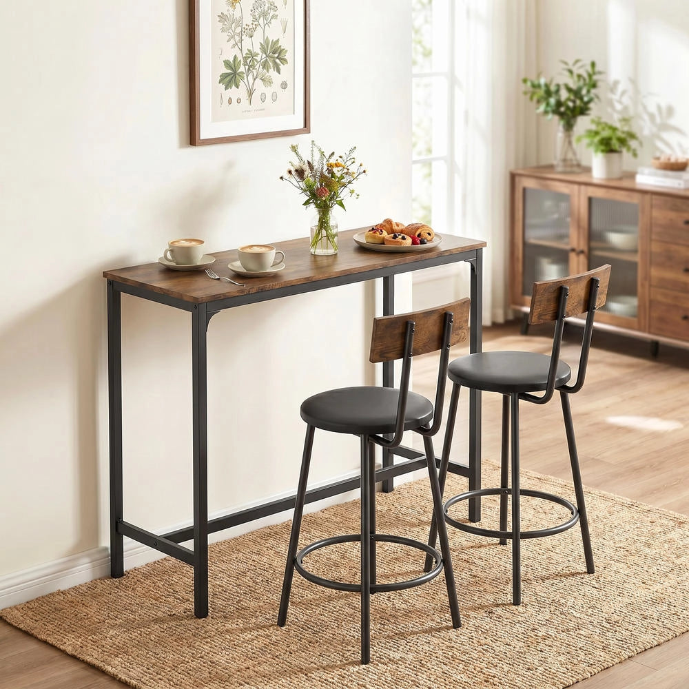 Set Tavolo da Bar con 2 Sgabelli Imbottiti in PU, Tavolo Alto Cucina Salvaspazio con Poggiapiedi, Design Moderno per Casa, Marrone