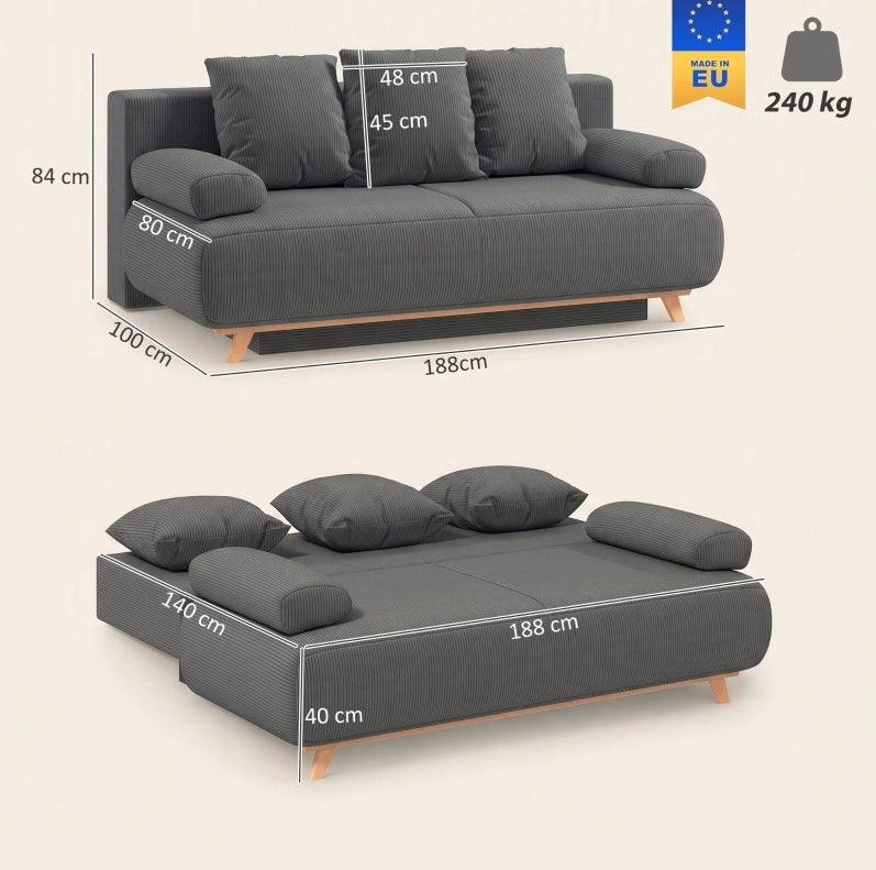 Divano letto 3 posti grigio con rivestimento a coste e vano contenitore