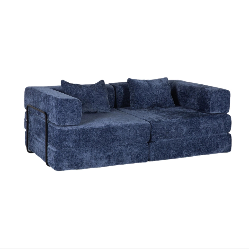 Divano letto da terra modulare in ciniglia blu scuro