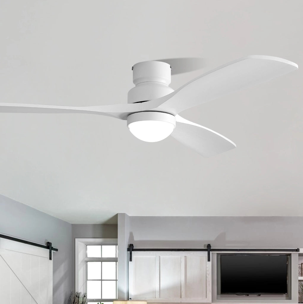 Ventilatore da soffitto bianco con luce LED; motore DC silenzioso e telecomando