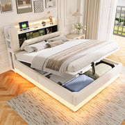 Letto imbottito 160x200 cm beige con LED, USB e contenitore
