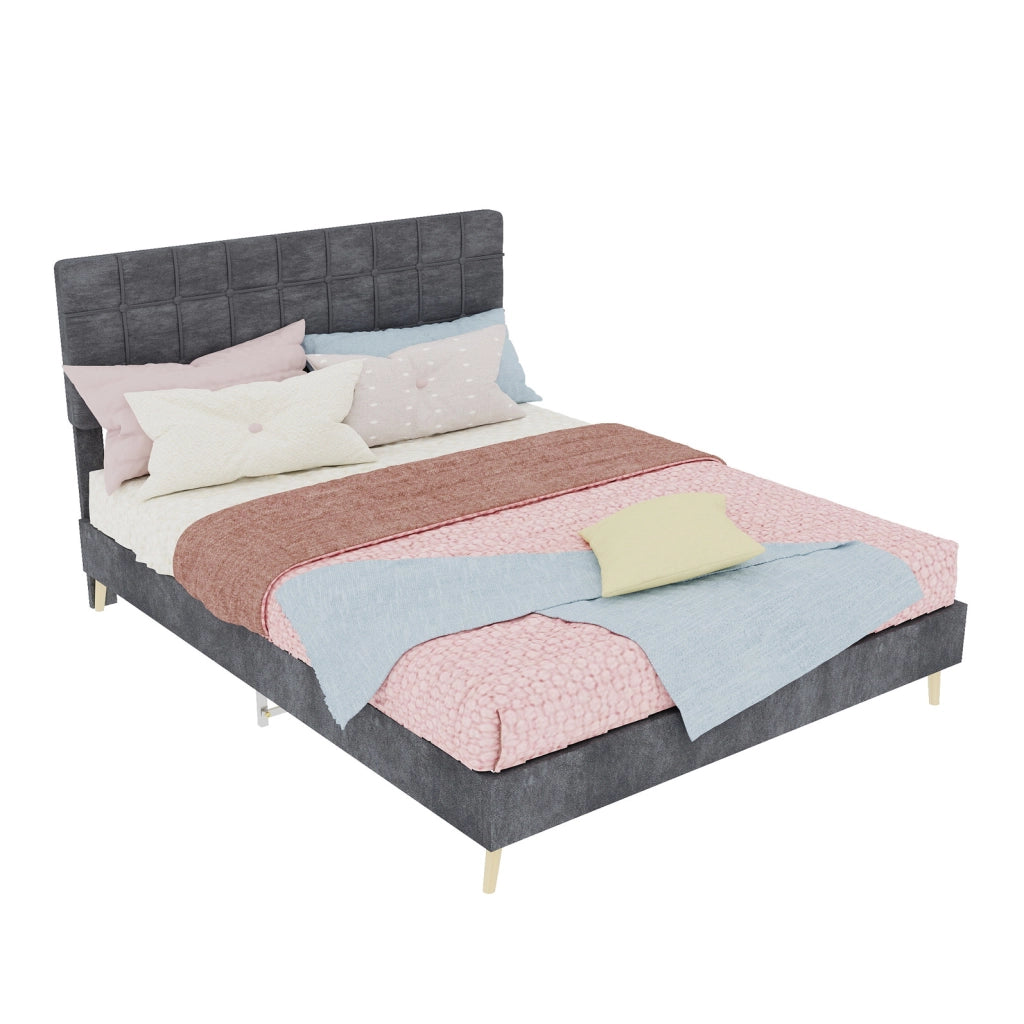 Letto matrimoniale 140 x 200 cm in tessuto grigio con testiera imbottita