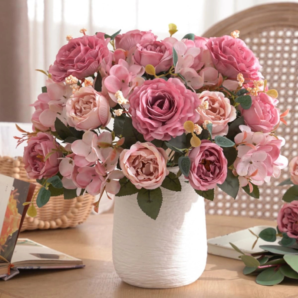 Composizione floreale artificiale, set da 2, con peonie di seta rosa e ortensie, altezza 29 cm