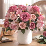 Composizione floreale artificiale, set da 2, con peonie di seta rosa e ortensie, altezza 29 cm