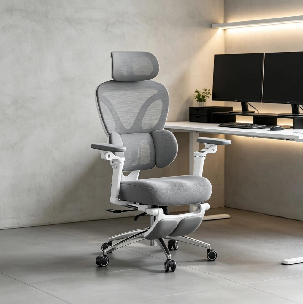 Sedia da ufficio ergonomica grigia con poggiapiedi estraibile