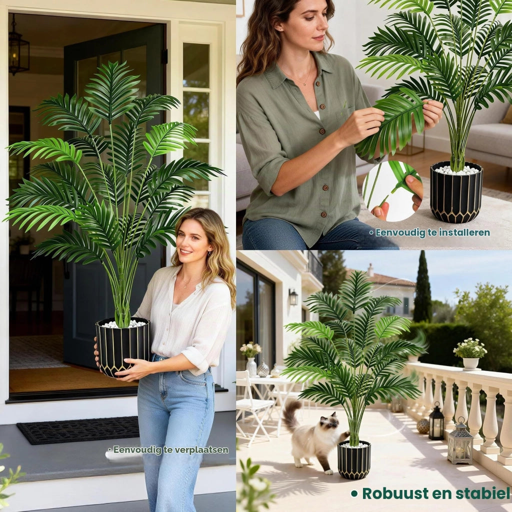 Pianta artificiale Monstera, altezza 112 cm, realizzata in plastica, con vaso nero e dorato