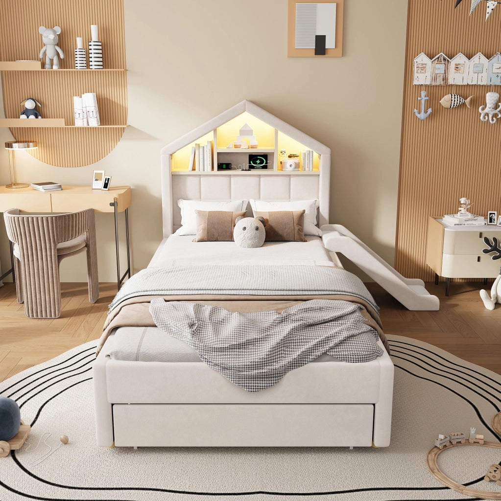 Letto per bambini imbottito beige 90 x 200 cm con scivolo e contenitore