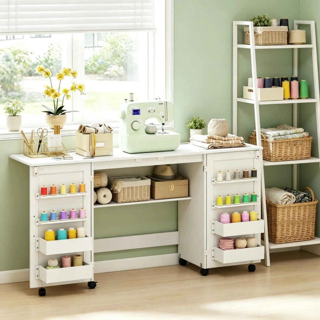 Tavolo da cucito pieghevole 160x40x81,5 cm bianco con contenitori