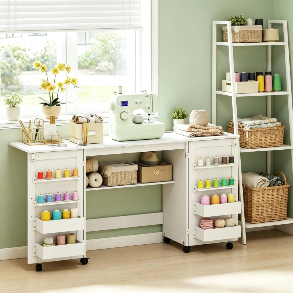 Tavolo da cucito pieghevole 160x40x81,5 cm bianco con contenitori