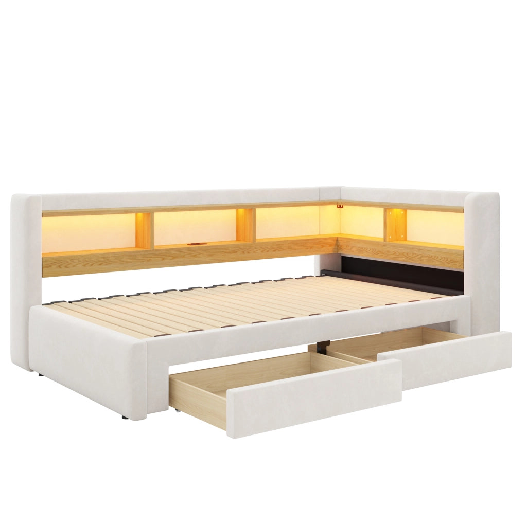 Divano letto 3 in 1 beige e grigio 90x200 cm con LED e presa