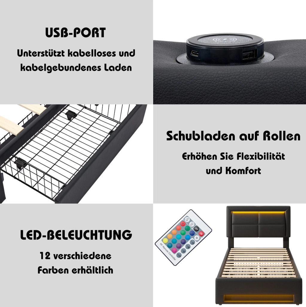 Letto singolo 90x200 cm in PU con LED; USB e 4 cassetti; nero