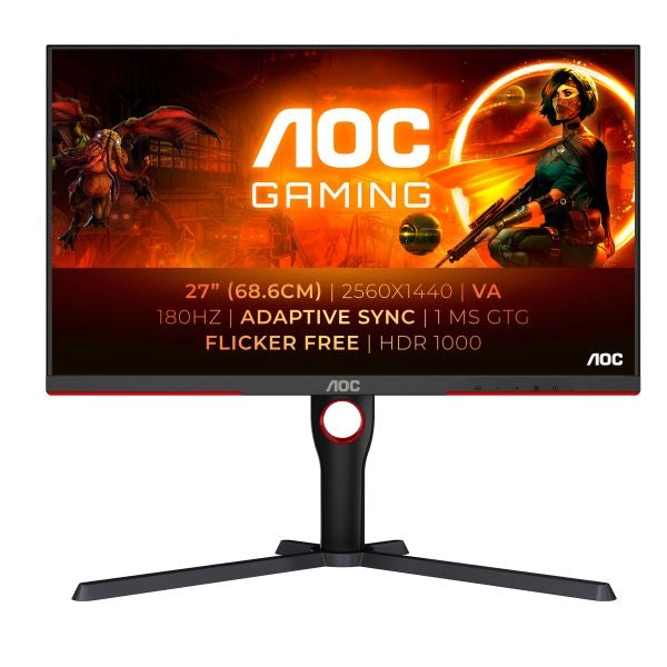 Aoc g3 q27g3xmn/bk monitor pc 68,6 cm (27") 2560 x 1440 pixel 2k ultra hd led nero, rosso