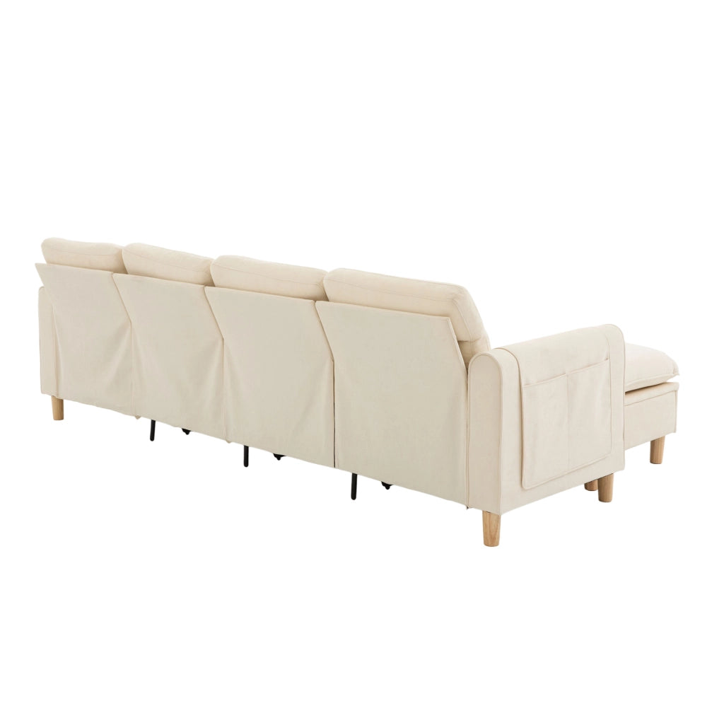 Divano modulare a 4 posti in ciniglia beige con 2 pouf contenitore