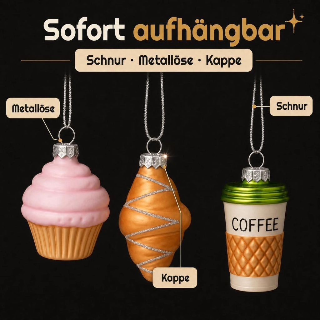 Set di 3 decorazioni natalizie in vetro: caffè e pasticcini