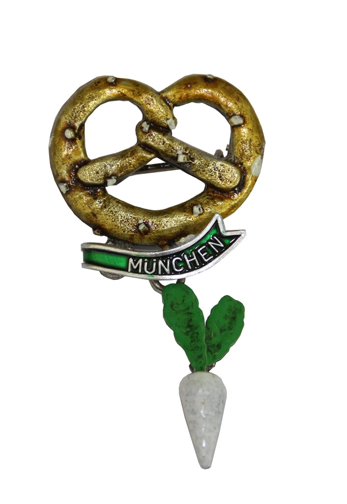 Spilla a forma di rapanello, dipinta a mano, in metallo, 6x3 cm