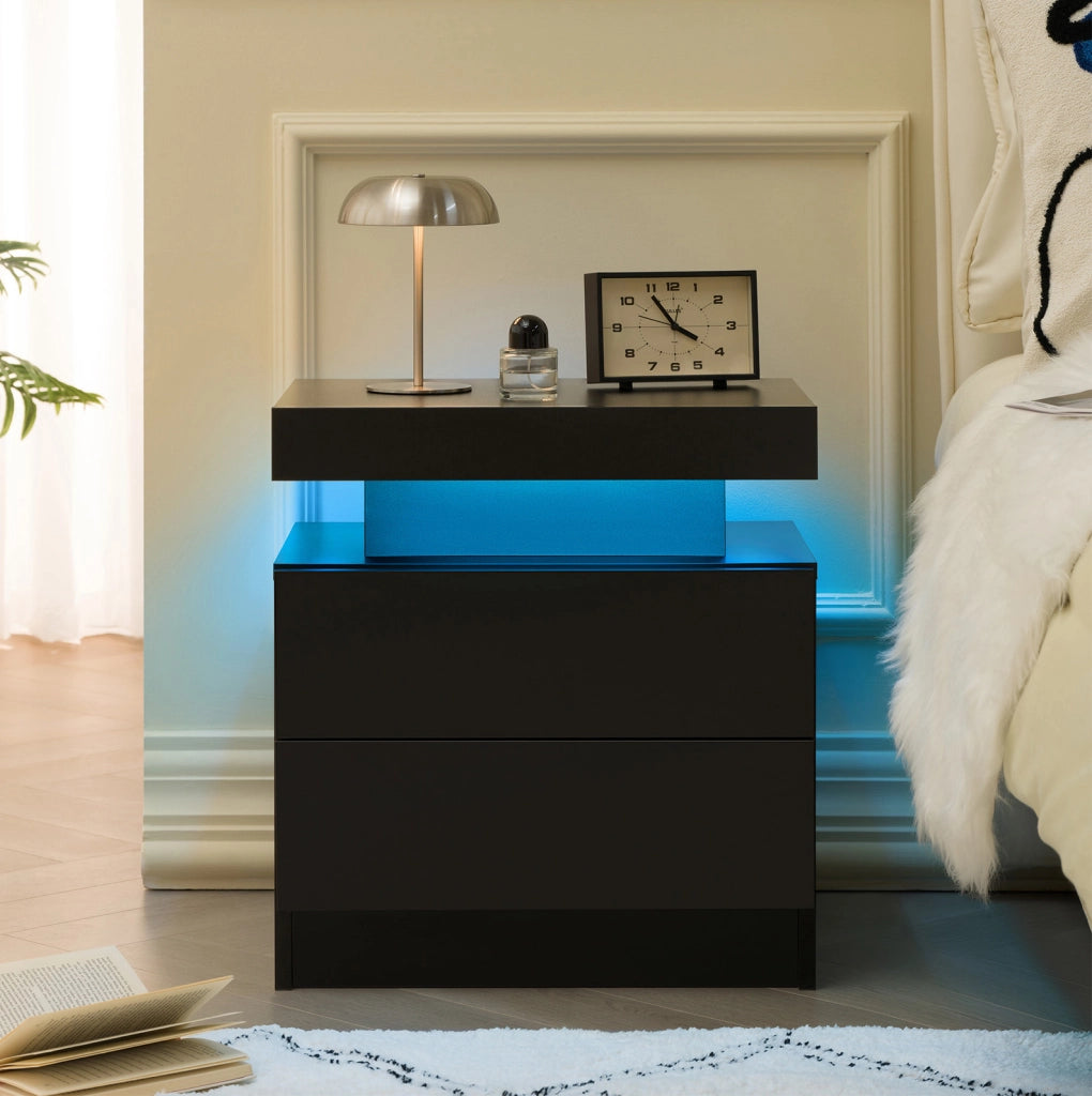 Comodino nero con luci LED regolabili e 2 cassetti