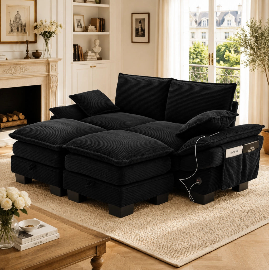 Divano modulare 2 posti ULEVR 190x132x84 cm con 2 pouf, porta USB-C e tasche laterali, velluto a coste nero