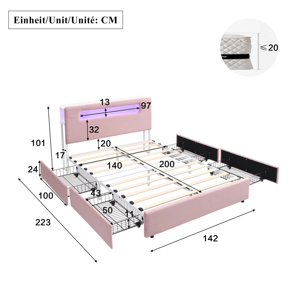 Letto imbottito per bambini 140 x 200 cm rosa con 4 cassetti e LED
